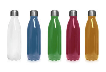 Set of modern thermos bottles in different colors on white background