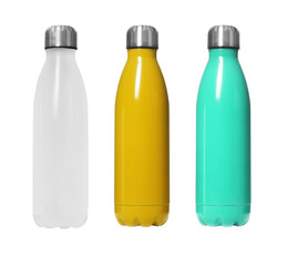 Set of modern thermos bottles in different colors on white background