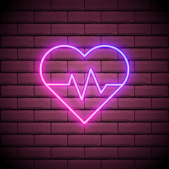 Glowing neon medicine concept sign with cardiogram graph in heart shape on a brick wall background. Drugstore or hospital luminous advertising signboard. Vector illustration.
