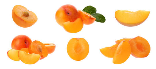 Set of fresh ripe plums on white background. Banner design