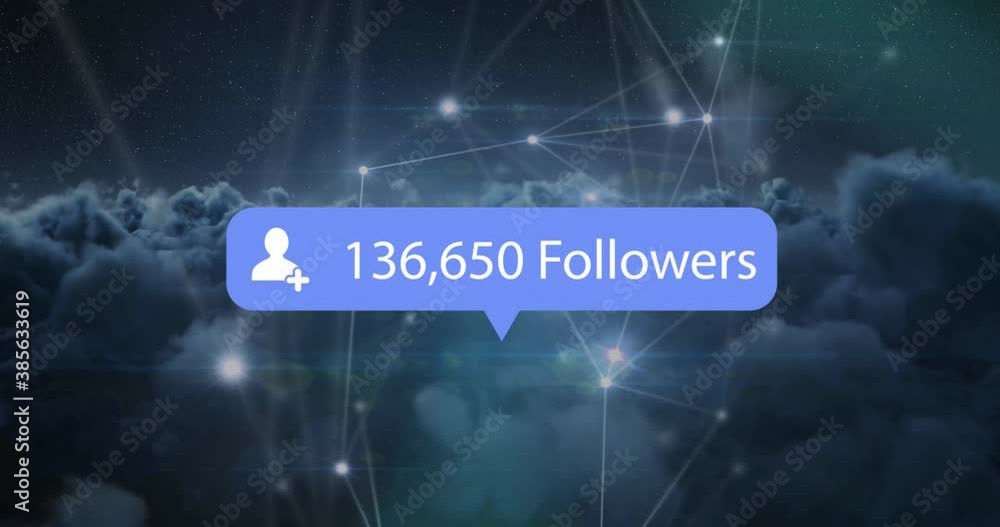 Poster speech bubble with followers text with increasing numbers against network of connections on dark clo