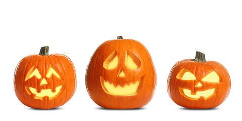 Set of carved Halloween pumpkins on white background. Banner design