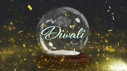 Diwali text against light trail and confetti over snow globe on black background - Powered by Adobe