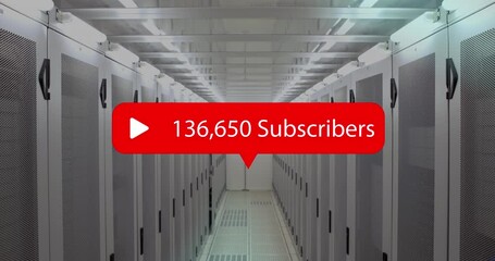 Speech bubble with subscribers text with increasing numbers against empty server room - Powered by Adobe