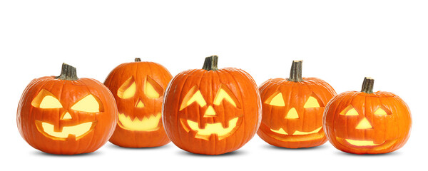 Set of carved Halloween pumpkins on white background. Banner design