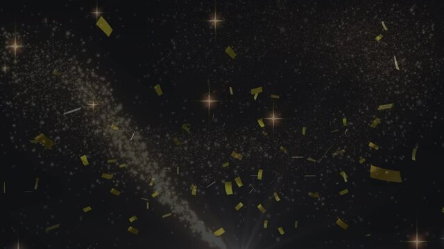 Golden confetti and glowing stars moving against black background