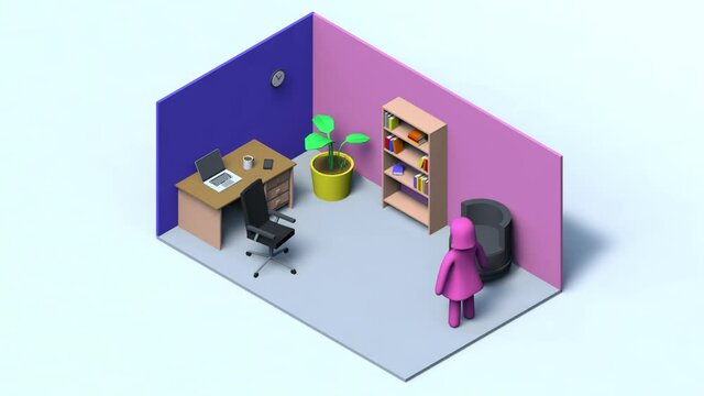 Iconos de hombre y mujer en home office. Ilustraci&oacute;n 3D, low poly animaci&oacute;n 3D. Espacio de trabajo en casa.
