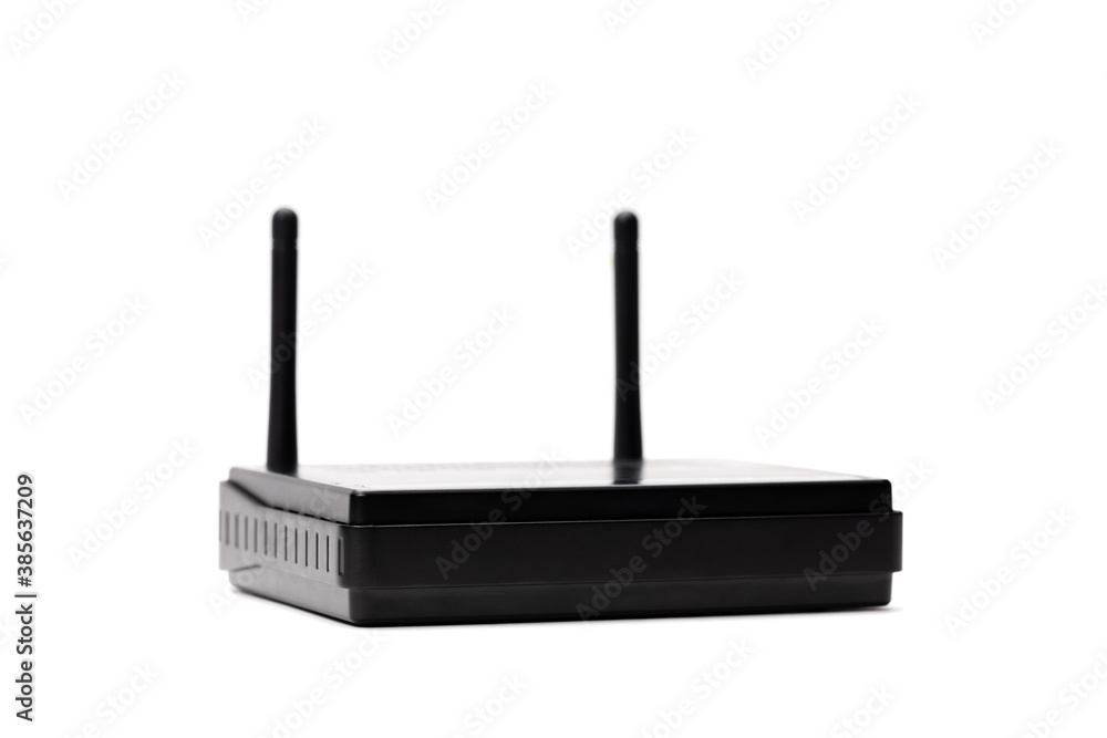Poster black wifi router device isolated on a white background. online and internet communication hardware