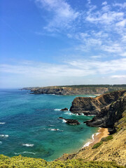 A rocky coast view in the coastal Alentejo in Portugal near the Atlantic Ocean