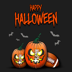 Happy Halloween. Template football design. Football balls in the form of a pumpkins on an isolated background. Pattern for banner, poster, greeting card, flyer, party invitation. Vector illustration
