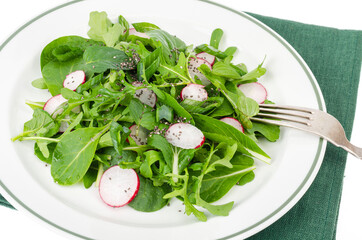 Spinach, arugula, radish and chia seeds. Photo