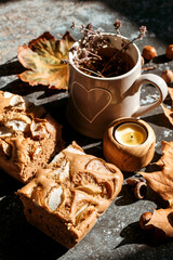 Apple pie with honey and herbal tea.. Autumn composition, cozy home time.