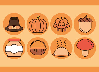 thanksgiving day, collection icons hat pumpkin tree acorn food
