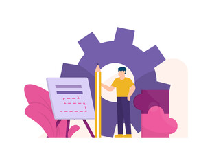 illustration of a businessman standing holding a pencil and doing research to make a plan. project planning concept and business strategy. flat style. design element