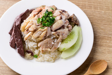 Thai food (Khao Man Kai), Hainanese chicken rice on plate with spoon, Close up
