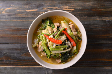 Northern Thai food (Kaeng Khae), Spicy curry soup with pork and mixed local vegetables and herbs, Main ingredients is Piper sarmentosum leaves