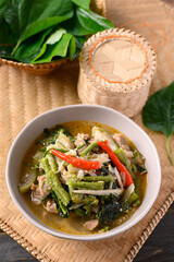 Northern Thai food (Kaeng Khae), Spicy curry soup with pork and mixed local vegetables and herbs, Main ingredients is Piper sarmentosum leaves