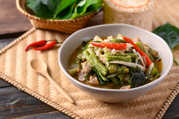 Northern Thai food (Kaeng Khae), Spicy curry soup with pork and mixed local vegetables and herbs, Main ingredients is Piper sarmentosum leaves
