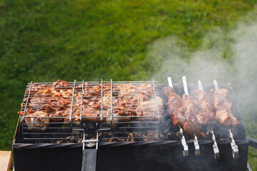 grill barbecue meat on a brazier with smoke, green grass background