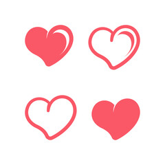 Simple cute red heart outline, with and without highlight leaning sideways icon set. Flat vector illustration design.