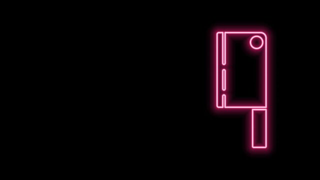 Glowing neon line Meat chopper icon isolated on black background. Kitchen knife for meat. Butcher knife. Happy Halloween party. 4K Video motion graphic animation