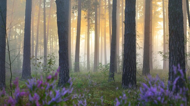 Picturesque scenery of the evergreen woodland in a fog at sunrise, forest floor of blooming heather flowers close-up, ancient fir and pine trees in the background. Idyllic autumn scene. Pure nature