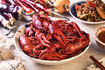 A plate of cooked  chinese food spicy crayfish.  