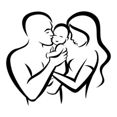 Drawing of young happy mom and dad holding their baby together full of warmth love. Happy family concept. Family day icon isolated on white background. Vector illustration