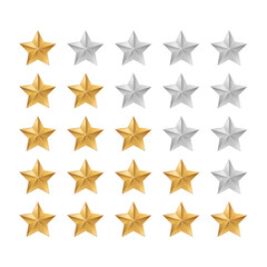 Obraz premium Stars rating icon set. Gold star icon set isolated on a white background. Five stars customer product rating review flat icon for apps and websites. vector illustration.