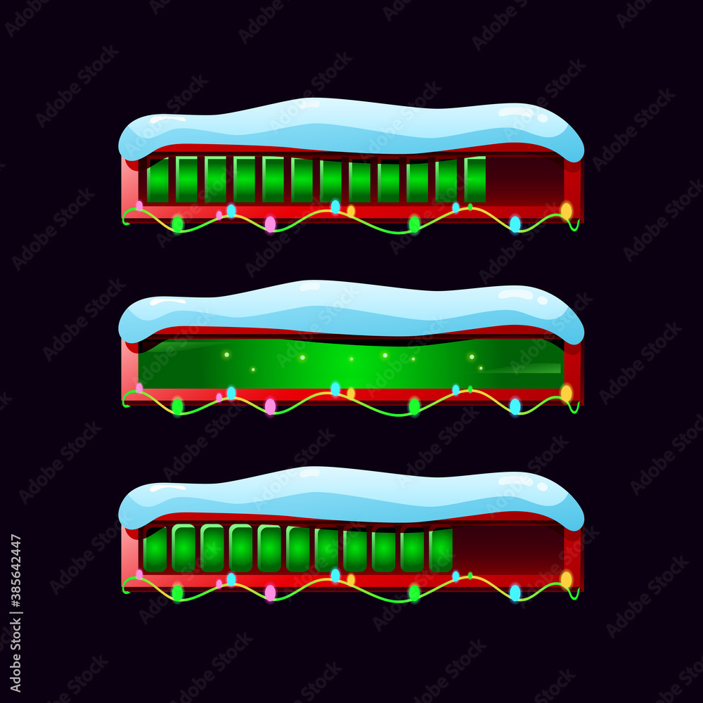 Poster set of glossy loading progress bar with snowy christmas theme for gui asset elements vector illustra