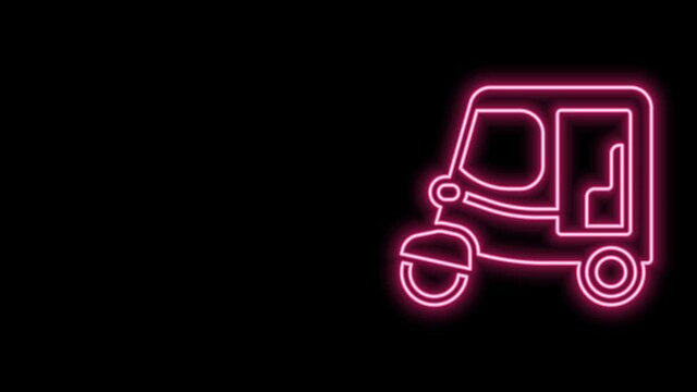 Glowing neon line Taxi tuk tuk icon isolated on black background. Indian auto rickshaw concept. Delhi auto. 4K Video motion graphic animation