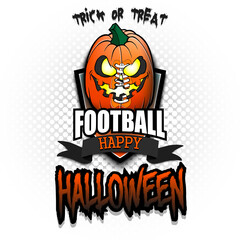 Happy Halloween. Template football design. Logo football ball in the form of a pumpkin on an isolated background. Pattern for banner, poster, greeting card, party invitation. Vector illustration