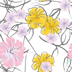 Pink Flowers Blooming Pattern. Pastel Watercolor.