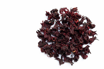 Heap of dried roselle flower isolated on white background.
