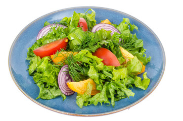 Vegetable dishes, fitness menu. Blue plate with salad on white background.