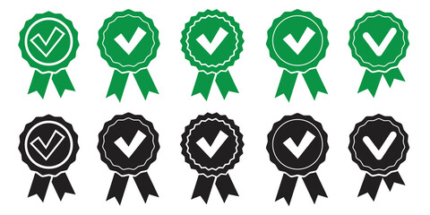 Quality mark medal. Premium product symbol. Certification mark. Medal with a check mark. Vector illustration. Stock image.