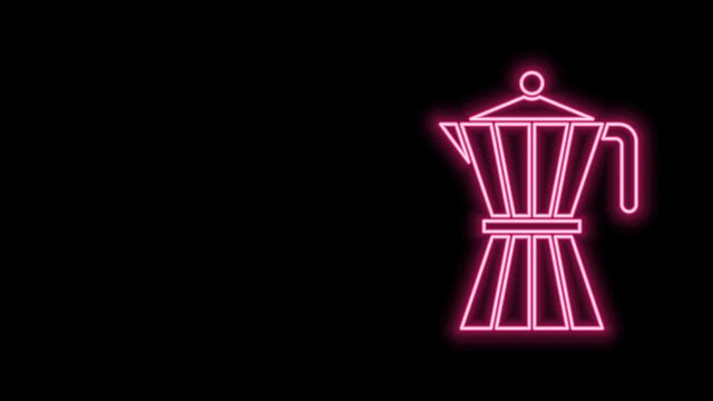 Glowing neon line Coffee maker moca pot icon isolated on black background. 4K Video motion graphic animation