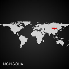 Dotted world map with marked mongolia