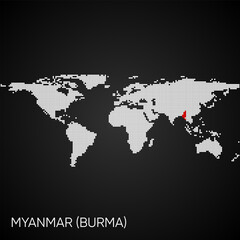 Dotted world map with marked Myanmar (Burma)