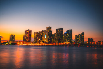 city skyline at sunset miami florida usa buildings downtown sky blue orange panoramic bridge 