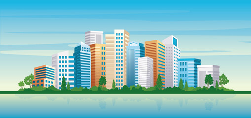 Seaside Cityscape view with modern architecture sea and city park. Urban cityscape panoramic landscape vector illustration  © Astira