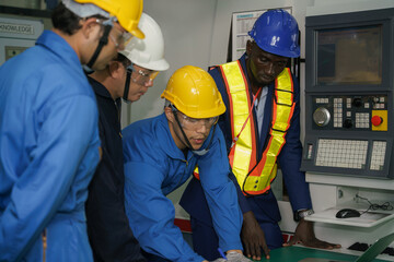factory technician, foreman and workers in technical discussion