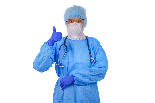 Female Nurse Or Doctor In Coverall PPE Uniform To Protect Coronavirus