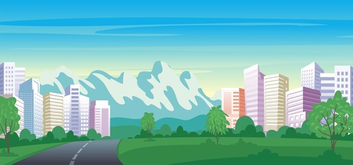 Beautiful Cityscape view from scenery park landscape. Urban cityscape panoramic vector illustration
