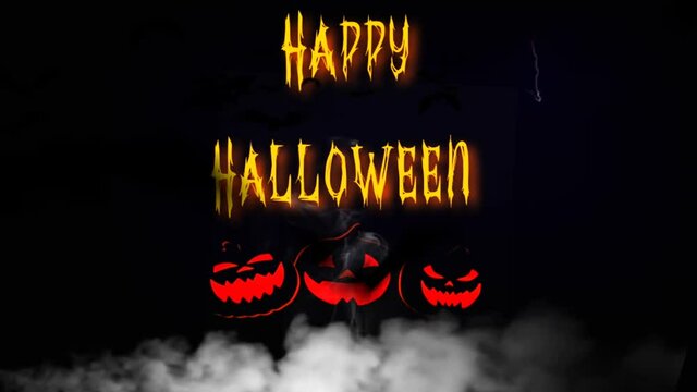 Happy Halloween Festival 4K Animation. Laughing pumpkin and flying Bats with happy halloween text. The concept of dark sky, flying bats , ghost , pumpkin & scary misty fog night.