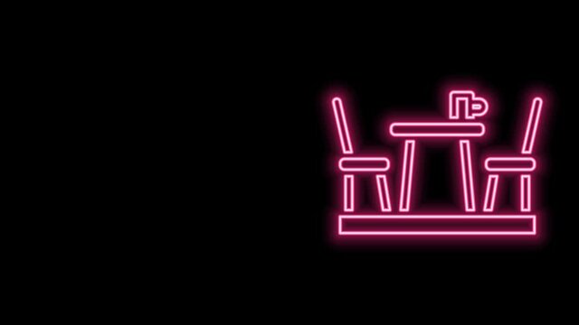 Glowing neon line French cafe icon isolated on black background. Street cafe. Table and chairs. 4K Video motion graphic animation