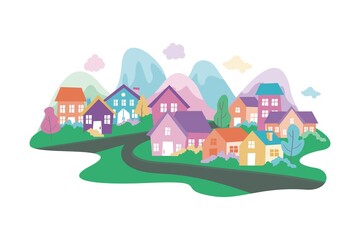 Cartoon Rural City Landscape Vector illustration, Cute and lovely with colorful and flat style 