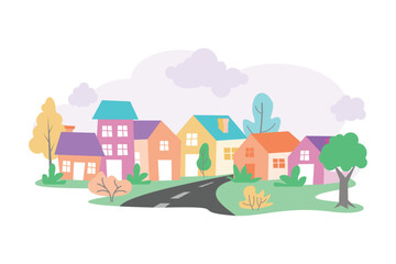 Cartoon Rural City Landscape Vector illustration, Cute and lovely with colorful and flat style
