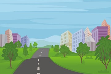 
Panorama city Park landscape with urban street, houses, and office buildings. scenery vector illustration
