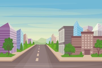 
Panorama city Park landscape with urban street, houses, and office buildings. scenery vector illustration
